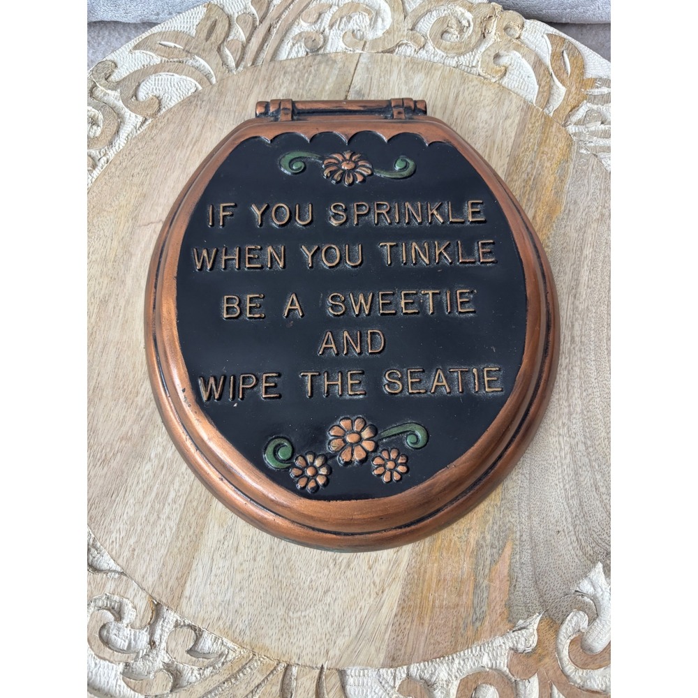 Vintage Copper Tone Cast Metal Bathroom Humor Toilet Seat Wall Plaque Sign